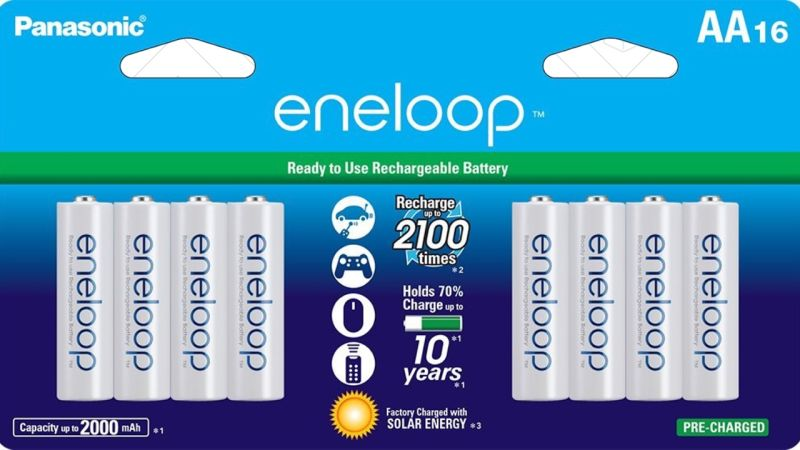 Pack de 16 pilas AAs Eneloop, $31 | Pack de 8, $16
